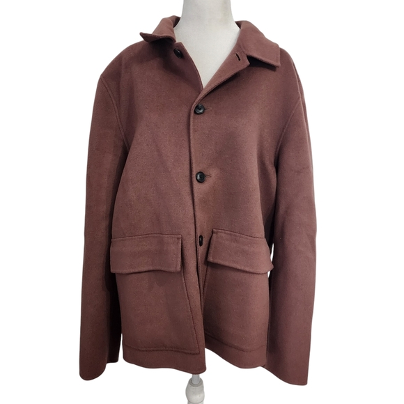 COS Large Pocket Button Up Utility Wool Jacket in Burgundy - Picture 2 of 13